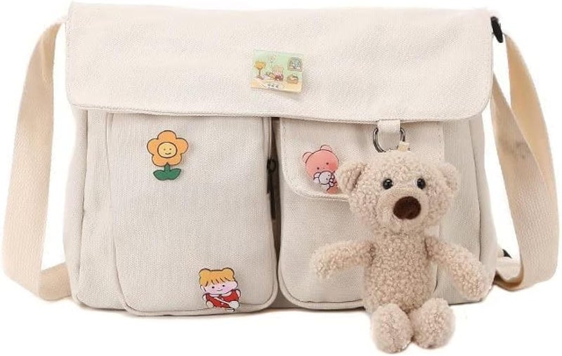PRAGARI Canvas Crossbody Bag Messenger Cute Bag with Pins and Pendant for Women Girls Casual Shoulder Aesthetic School bag - Image 1